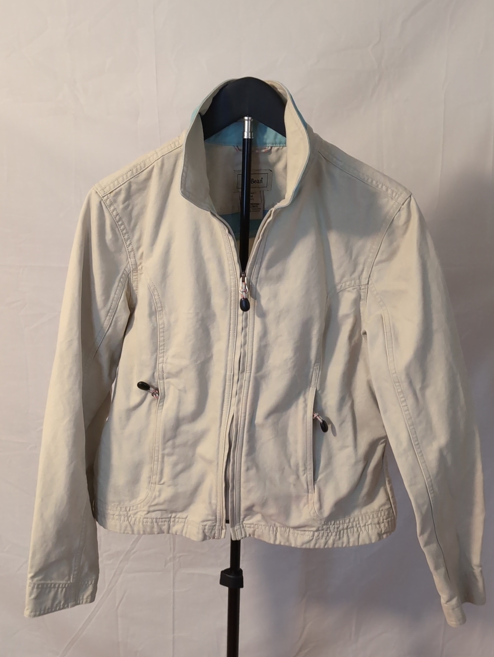 L.L. Bean Cream Cotton Canvas Utility Jacket Blue Collar Accents Size M Regular